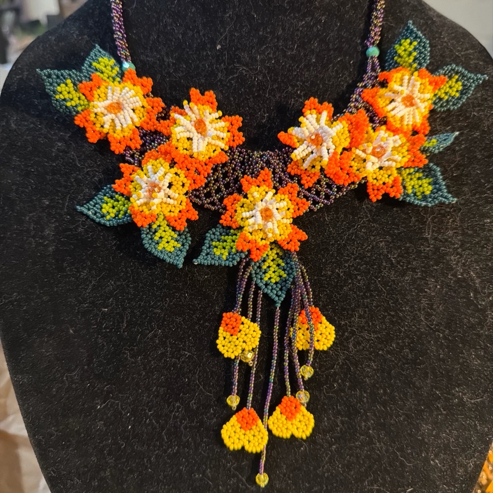 Vibrant Floral Beaded Necklace - Orange and Yellow